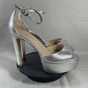 Stuart Weitzman Women's Silver Leather Discoplatform Sandals Shoe Size 7-NEW